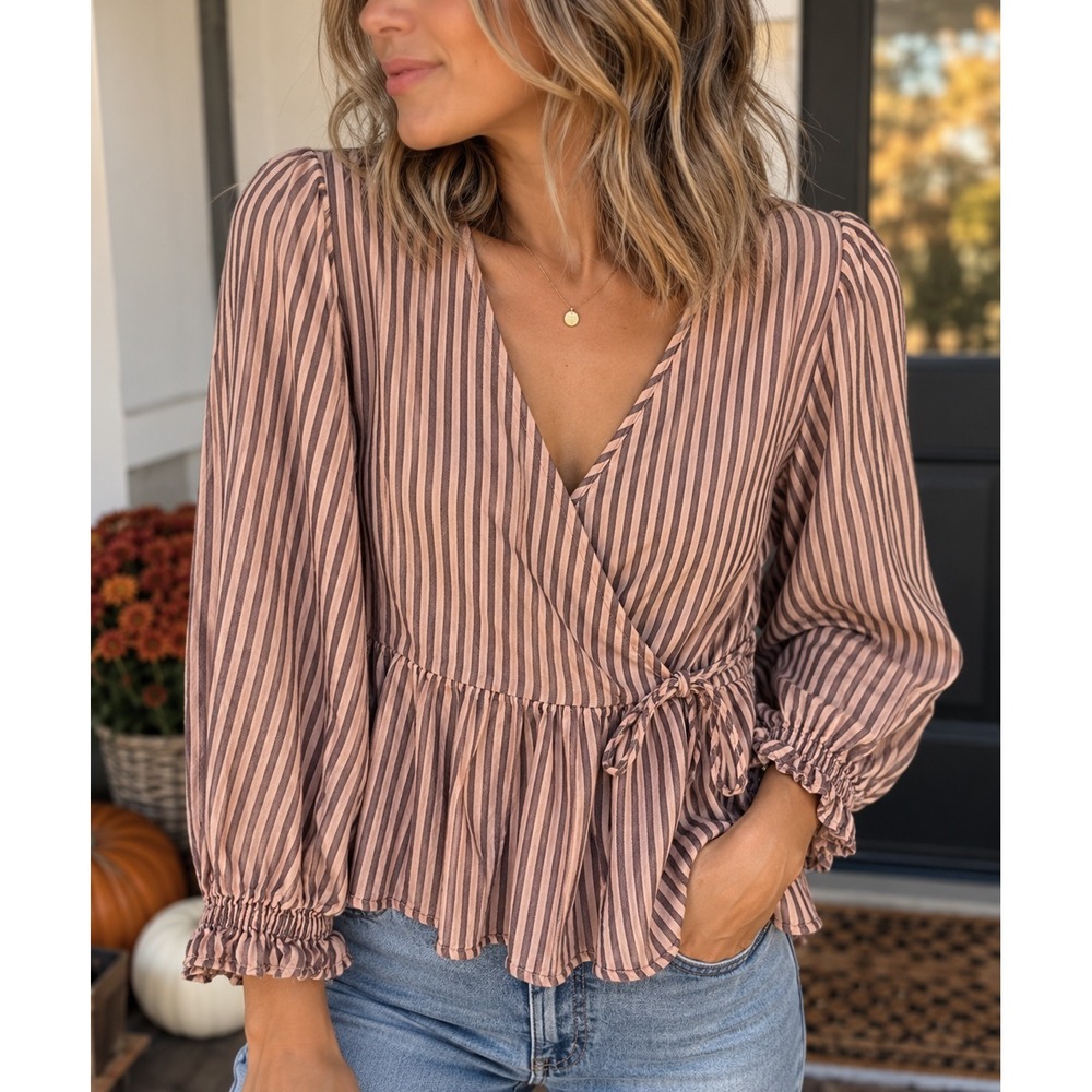 Madewell Pink Brown Striped Wrap Peplum Top S